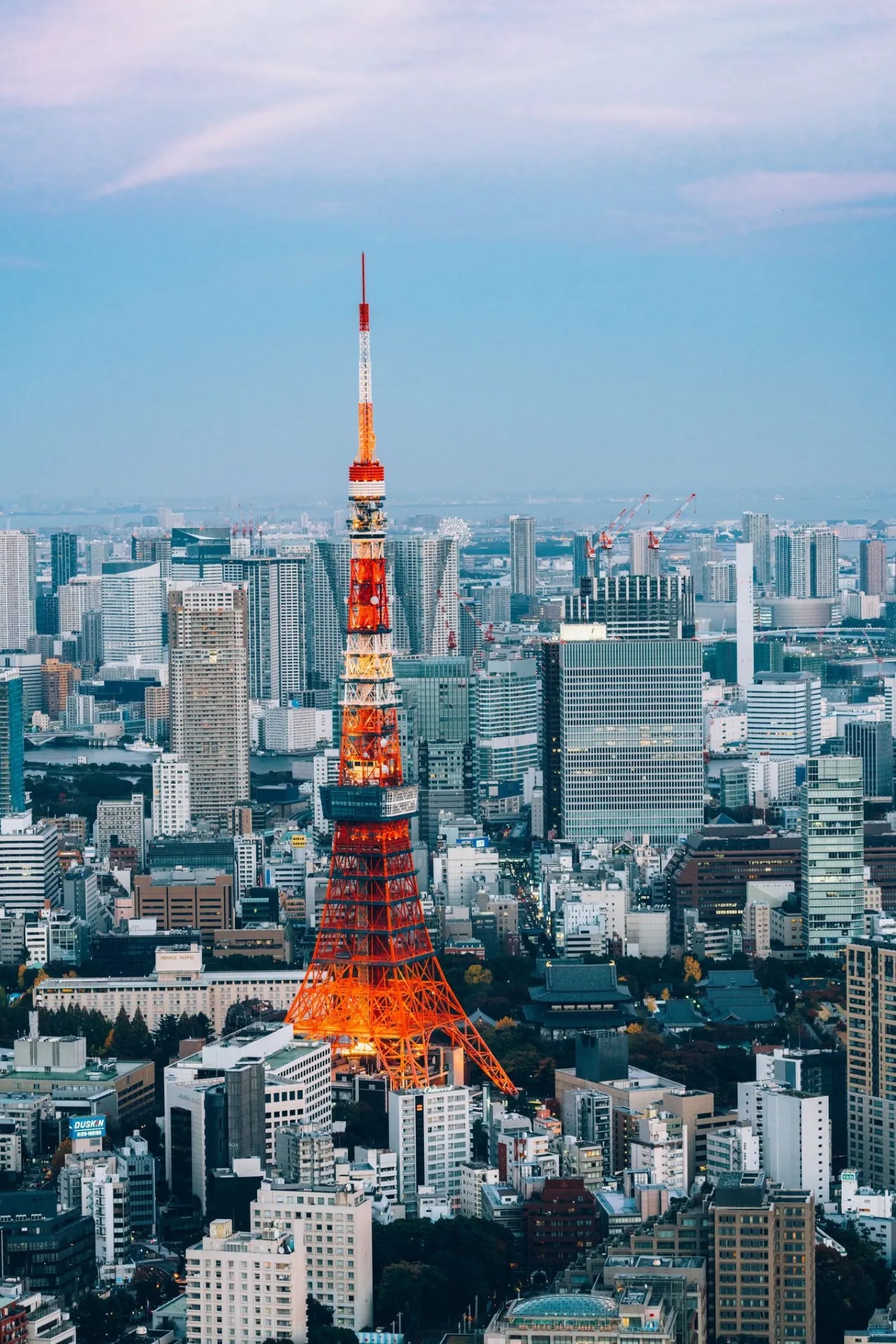 Tokyo Tower glowing orange at dusk, rising above the Tokyo cityscape